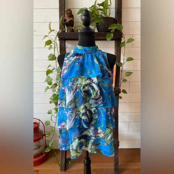 NY Collection: Blue Tiered Ruffle Top with Mock Collar - Picture 12 of 16